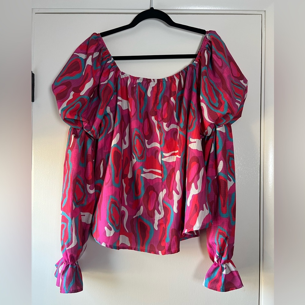 Fantastic Fawn Gathered Puff Sleeve Multi Color Blouse Pink White Teal Medium - Picture 9 of 10